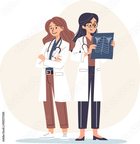 Flat vector illustration in simple style on medical theme. Cute friendly women doctors. Doctor holding x-ray image. Vector illustration