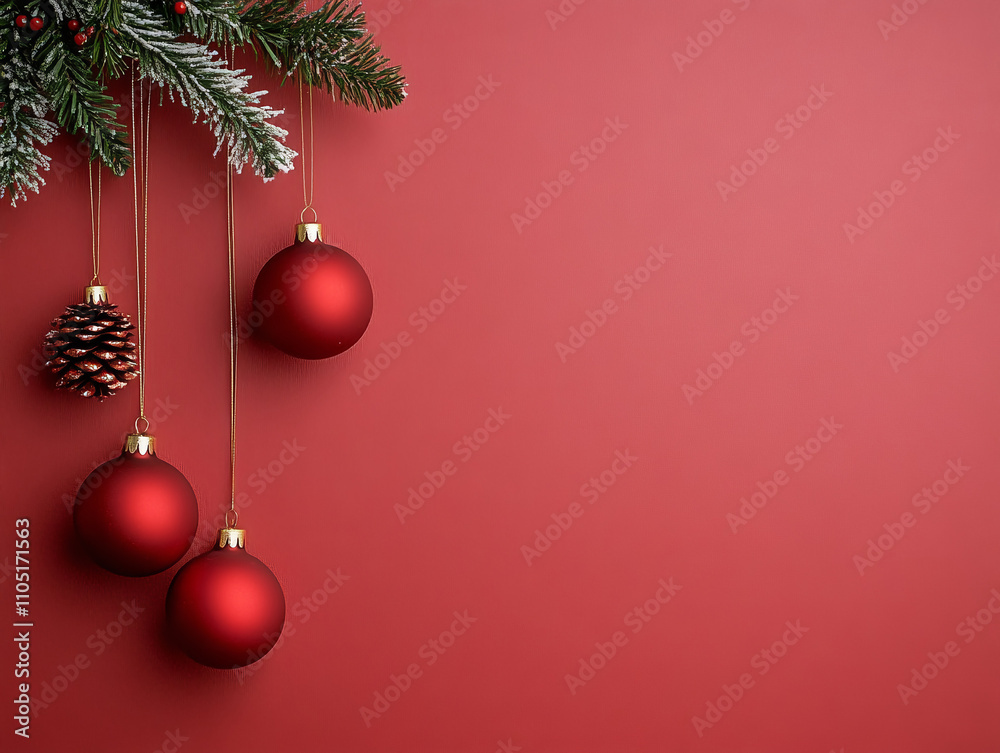 Adorno navideño con esferas rojas, cono de pino y ramas de pino nevadas colgando sobre fondo rojo.
Adorno navideño con esferas rojas, cono de pino y ramas de pino nevadas colgando sobre fondo rojo.