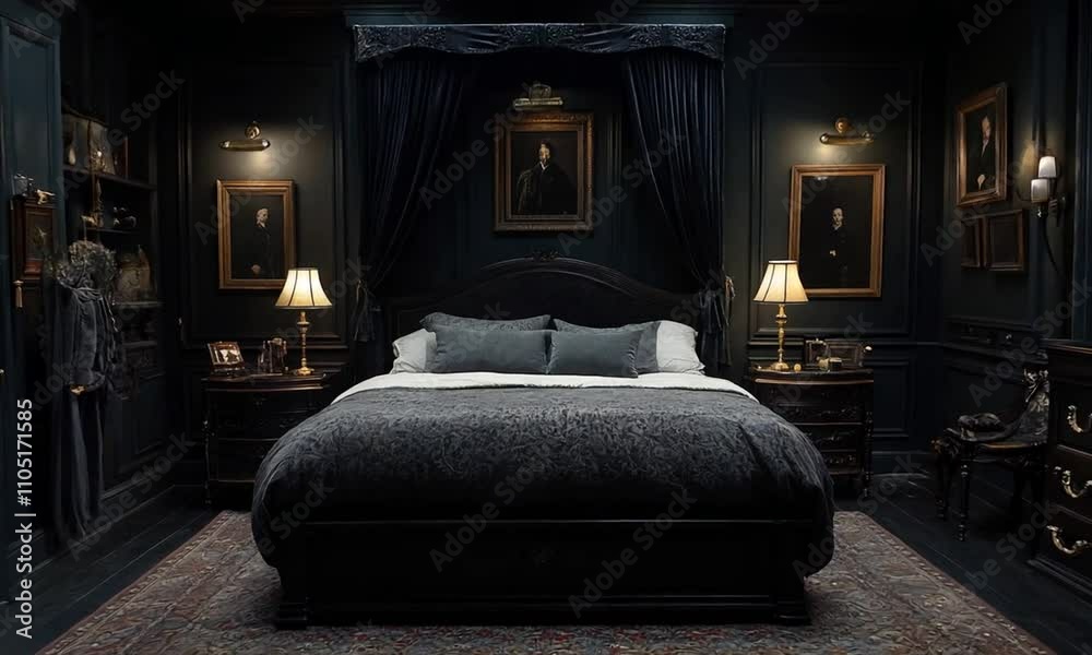 A dark, elegant bedroom featuring a large bed, artwork, and soft lighting for a cozy atmosphere. A dark, elegant bedroom featuring a large bed, artwork, and soft lighting for a cozy atmosphere.