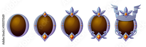 Brown game progress badges set isolated on white background. Vector cartoon illustration of oval gem stone in silver metal frame decorated with crystals and leaves, gaming award medal, level trophy