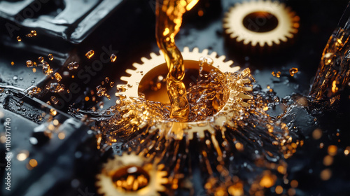 Golden oil splashes as machinery breathes life, dynamic gears reflecting vivid motion in a dark, contrasting environment photo