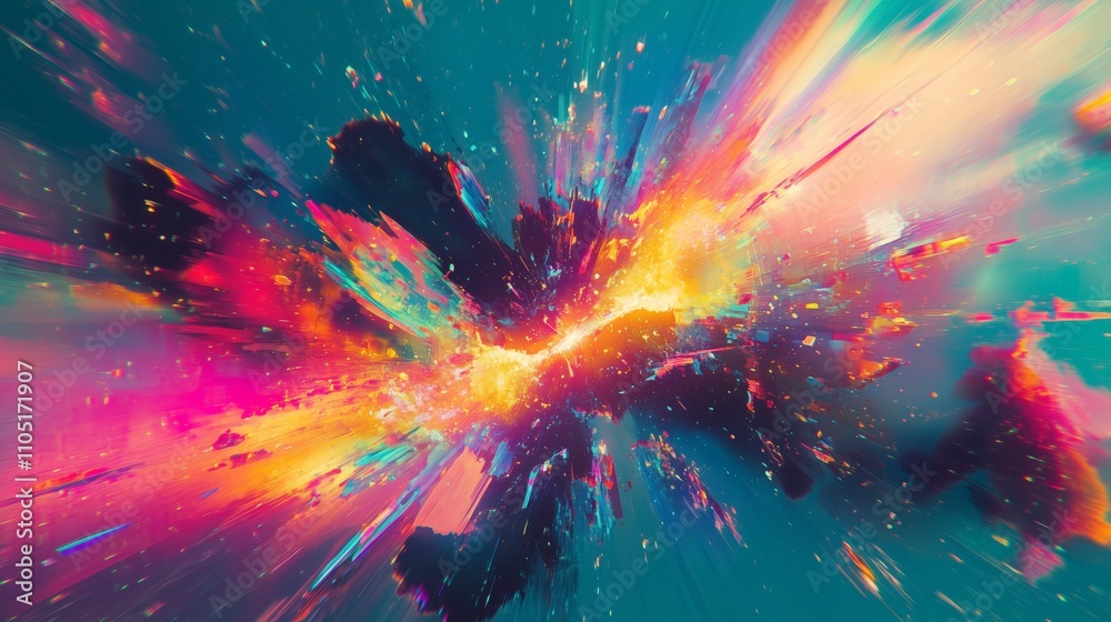 A vibrant scene of digital glitches and pixelated distortions on a deep teal background. A vibrant scene of digital glitches and pixelated distortions on a deep teal background.