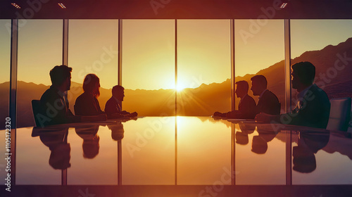 Business professionals engage in strategic discussions at sunset, capturing collaboration in a corporate setting photo