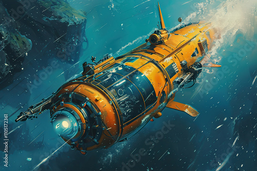 Beautiful large bathyscaphe floating in middle of ocean during exploration