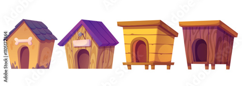 Dog houses set isolated on white background. Vector cartoon illustration of wooden doghouse with roof, round entrance, bone sign, pet care shelter, animal adoption, backyard garden design element