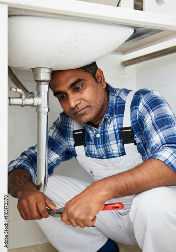 Plumber fixing kitchen sink pipe with wrench in modern home