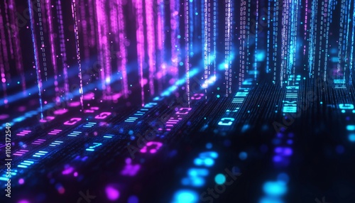 Blue digital binary data on computer screen with bokeh. Abstract information technology background. Digital binary code matrix background. Close-up with small dept