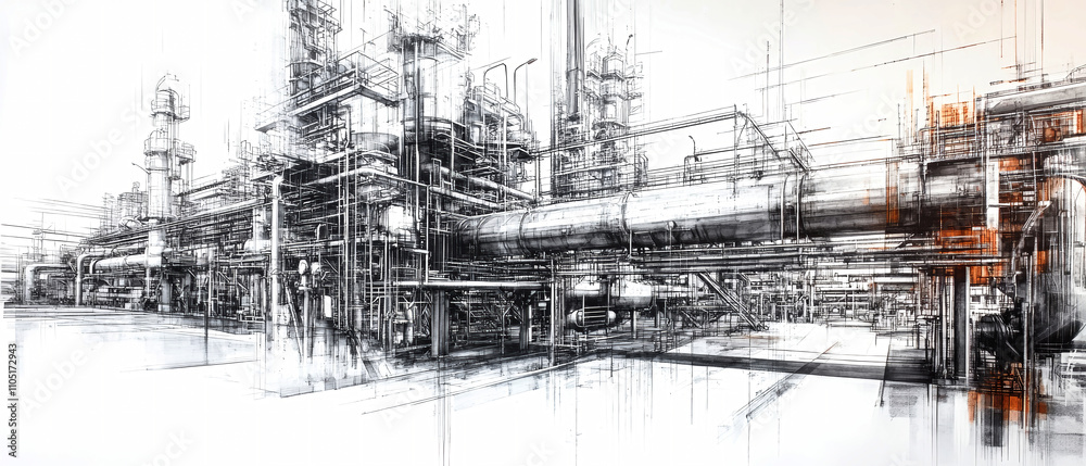 Modern industrial oil refinery with complex metal structures and intricate reflective details in a wide-angle view under soft lighting Modern industrial oil refinery with complex metal structures and intricate reflective details in a wide-angle view under soft lighting