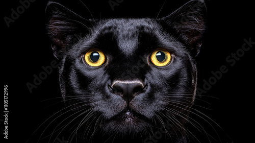 Black panther with yellow eyes stares at the camera. The image has a moody and intense feel, as if the panther is ready to pounce at any moment. The contrast between the dark panther