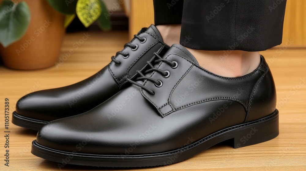 Black shoes rest gracefully on a wooden floor, complementing a man in black trousers and accentuating the finer details and textures in a serene environment. Black shoes rest gracefully on a wooden floor, complementing a man in black trousers and accentuating the finer details and textures in a serene environment.