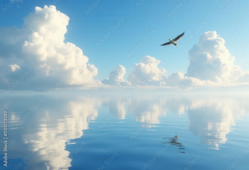 Serene Seascape: Bird in Flight over Calm Waters. Serene Seascape: Bird in Flight over Calm Waters.
