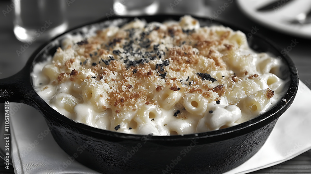 Creamy macaroni and cheese in a cast-iron skillet, crispy breadcrumb topping, melted cheese bubbles Creamy macaroni and cheese in a cast-iron skillet, crispy breadcrumb topping, melted cheese bubbles