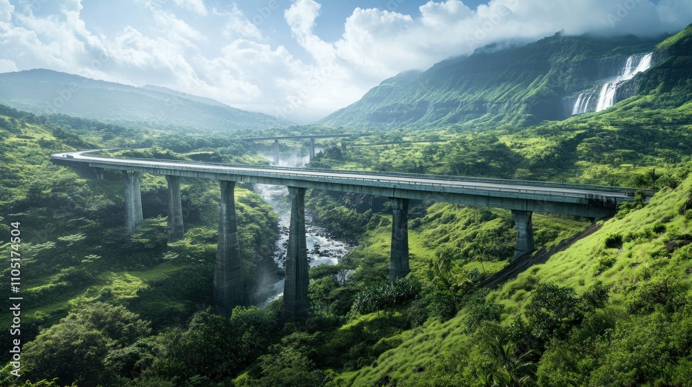 Overpass crossing over a beautiful valley, with a waterfall visible in the distance Overpass crossing over a beautiful valley, with a waterfall visible in the distance
