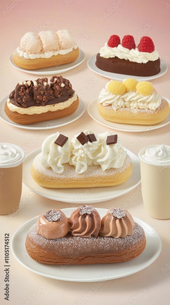 A white plate holds delicious chocolate glazed eclairs, placed beside a steaming cup of tea on a warm, bright table setting. A white plate holds delicious chocolate glazed eclairs, placed beside a steaming cup of tea on a warm, bright table setting.