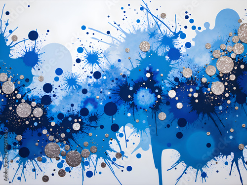 Vibrant abstract composition with blue splashes and silver accents, digital art of abstract design concept. photo