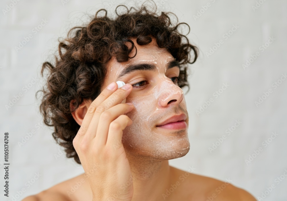 Young Hispanic man applying face cream for skincare routine