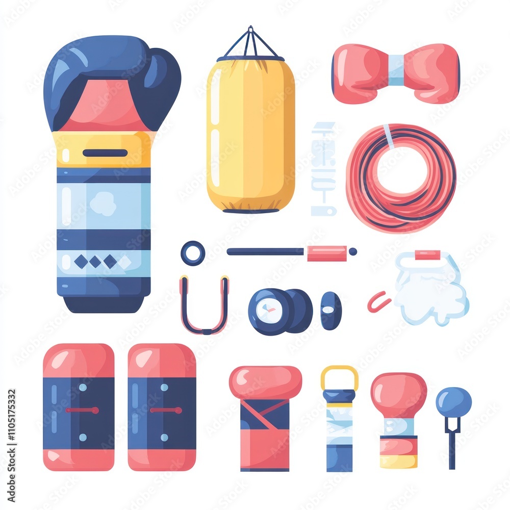 Colorful Illustration of Boxing Equipment and Gear Colorful Illustration of Boxing Equipment and Gear