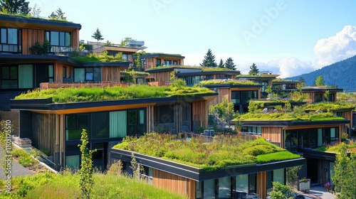 Modern eco-friendly homes with green roofs in a scenic landscape.