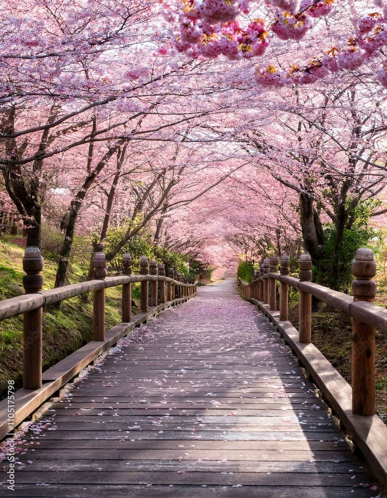 Fototapeta premium Sakura Blossom Pathway_-A tranquil pathway lined with blooming cherry blossom trees,