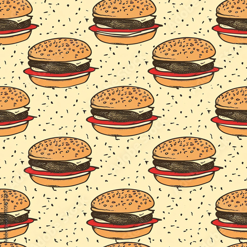 Cartoon seamless repeat tile meat burger pattern retro fast food drawing snack texture packaging diner aesthetic pop art vintage branding kidswear textile fabric wallpaper wrapping shop advert graphic