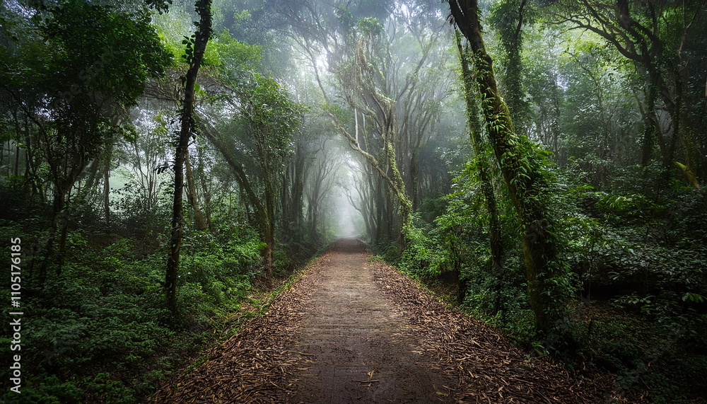 Obraz premium 深い森の中の一本道