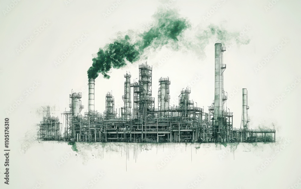 A hyper-realistic sketch of an oil production plant with green smoke rising from the industrial chimneys. A hyper-realistic sketch of an oil production plant with green smoke rising from the industrial chimneys.