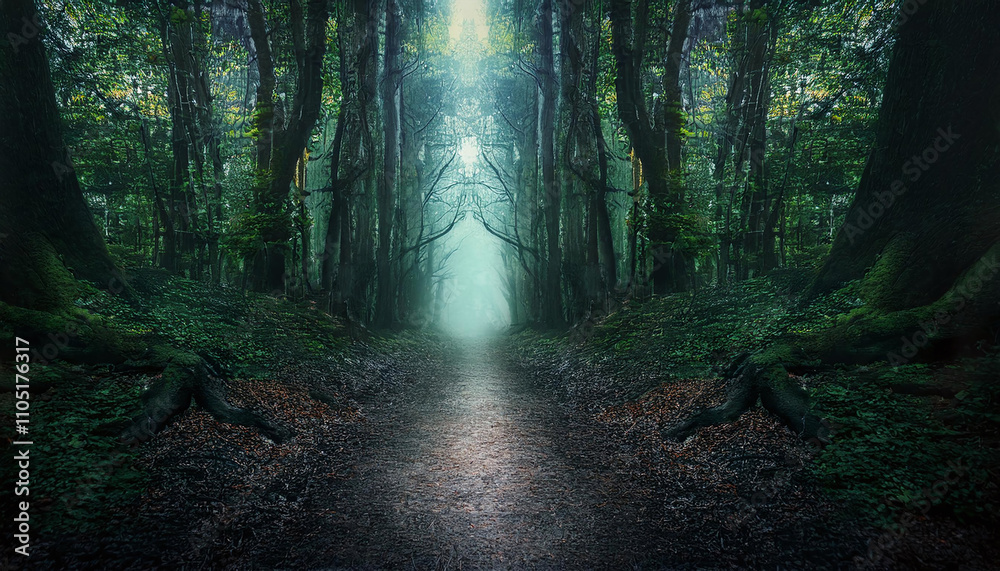 Obraz premium 深い森の中の一本道