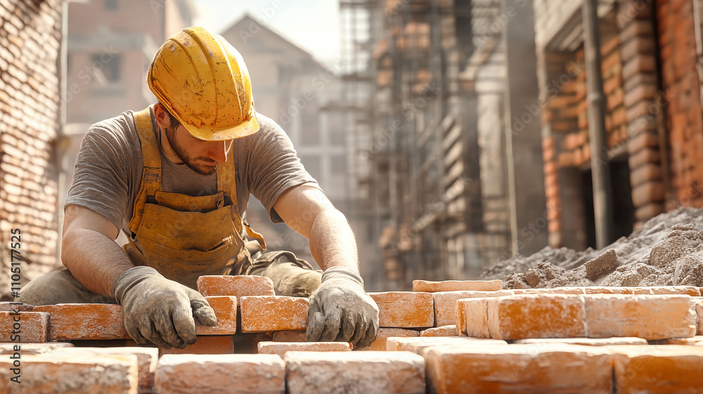 Vibrant craftsmanship of a skilled technician laying bricks in a bustling construction site during bright daylight Vibrant craftsmanship of a skilled technician laying bricks in a bustling construction site during bright daylight