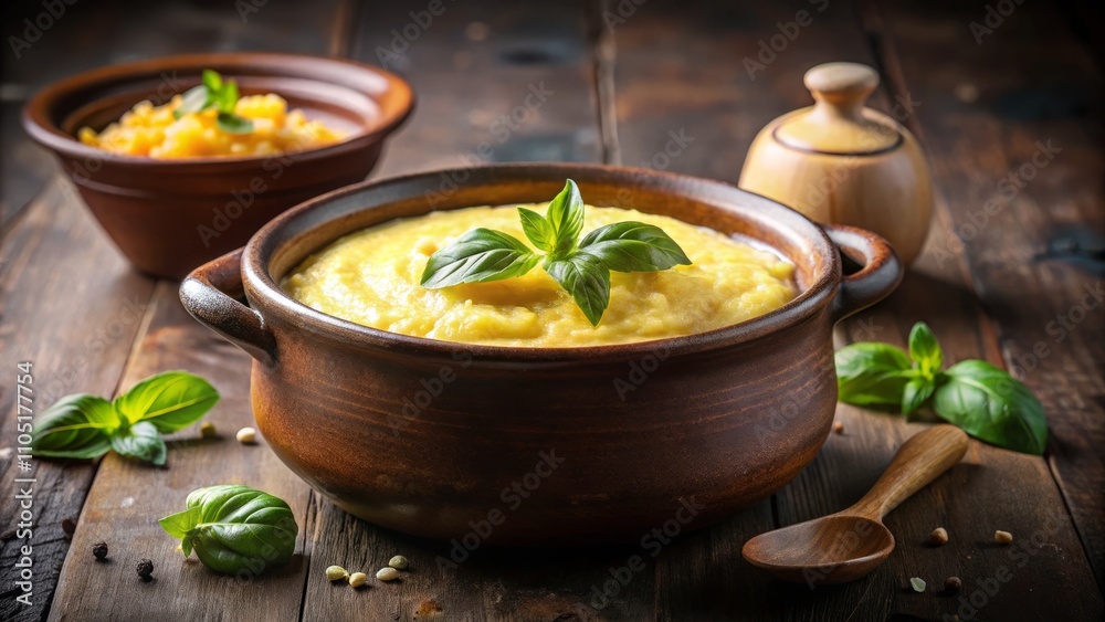 Creamy Sweet Corn Porridge in a Rustic Ceramic Pot with Fresh Basil and Butter on a Dark Background, Perfect for Food Lovers and Culinary Enthusiasts Creamy Sweet Corn Porridge in a Rustic Ceramic Pot with Fresh Basil and Butter on a Dark Background, Perfect for Food Lovers and Culinary Enthusiasts