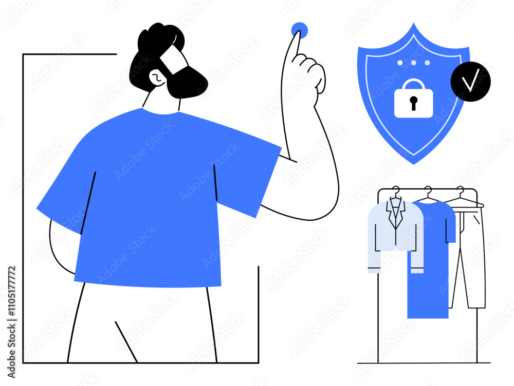 Man pressing button beside shield with lock protection icon and clothing rack. Ideal for security systems, cybersecurity, ID protection, data safety, clothing, personal security, smart technology Man pressing button beside shield with lock protection icon and clothing rack. Ideal for security systems, cybersecurity, ID protection, data safety, clothing, personal security, smart technology
