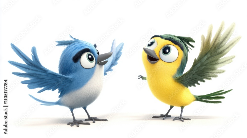 Whimsical Avian Art: Cartoon Birds on White Background Whimsical Avian Art: Cartoon Birds on White Background
