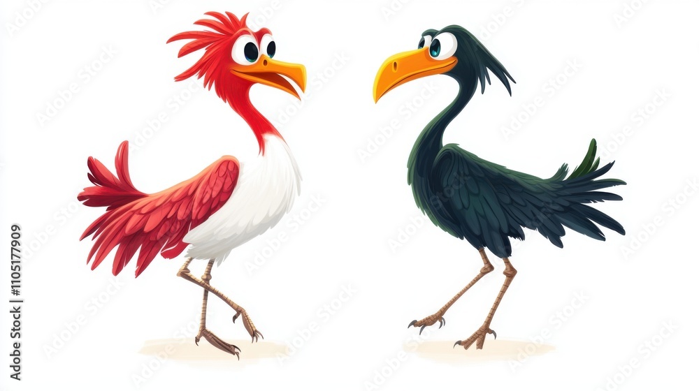 Obraz premium Whimsical Avian Art: Cartoon Birds on White Background