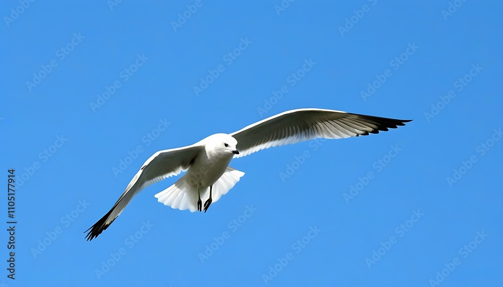 Obraz premium High-resolution image of a bird flying in the sky, white seagull with spread wings.