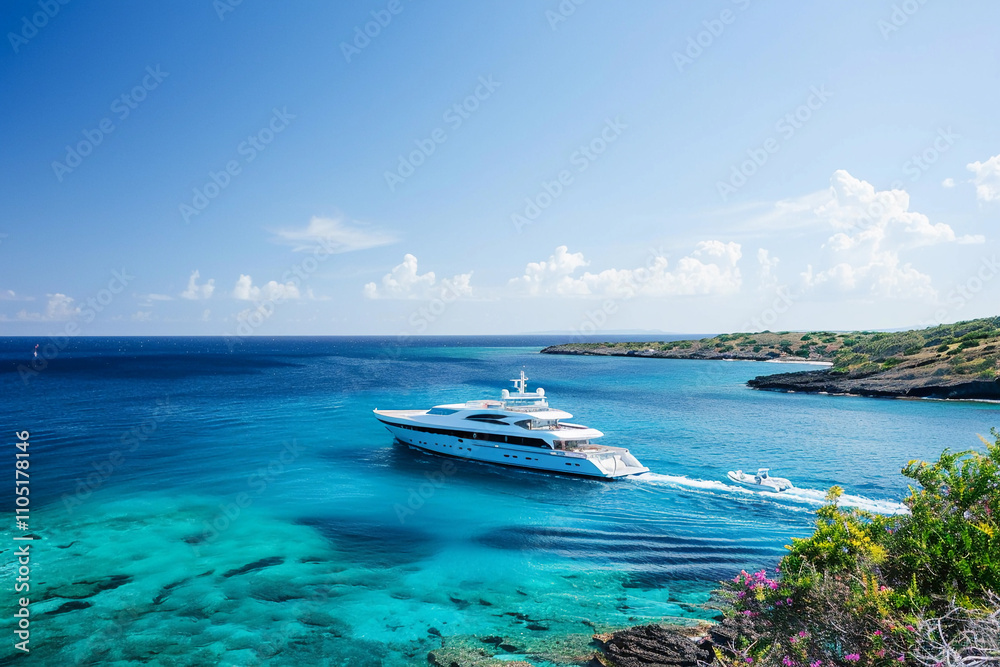 Obraz premium Luxury private big motor yacht in tropical sea with blue wave