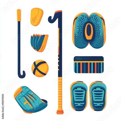 Vibrant Teal and Orange Field Hockey Illustration: Equipment, Stick, Ball, Shoes, and Protective Gear
