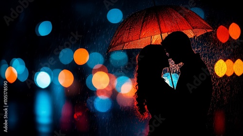 Romantic couple embracing under a red umbrella in the rain, bathed in colorful city lights.