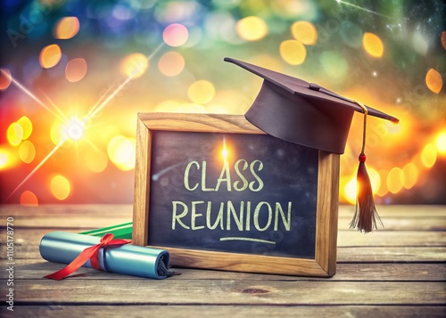 Double Exposure Graduation Hat and Slate with Class Reunion Text - Celebrate Your Academic Journey with Creative Photography to Capture Memories of Your Special Day