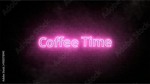 Pink Neon Sign Saying 'Coffee Time' on Dark Brick Wall Background