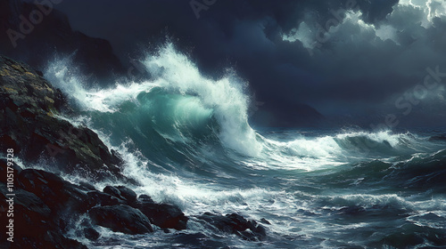 Waves during a storm crashing against a rocky shoreline