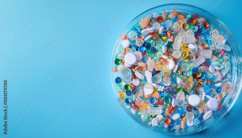 Colorful plastic debris arranged in a clear glass dish. Colorful plastic debris arranged in a clear glass dish.