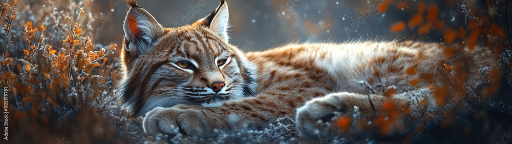 Obraz premium A serene lynx resting in a picturesque forest setting, surrounded by soft light and vibrant autumn foliage.