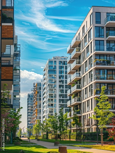 Modern apartment buildings in a green residential area in the city. photo