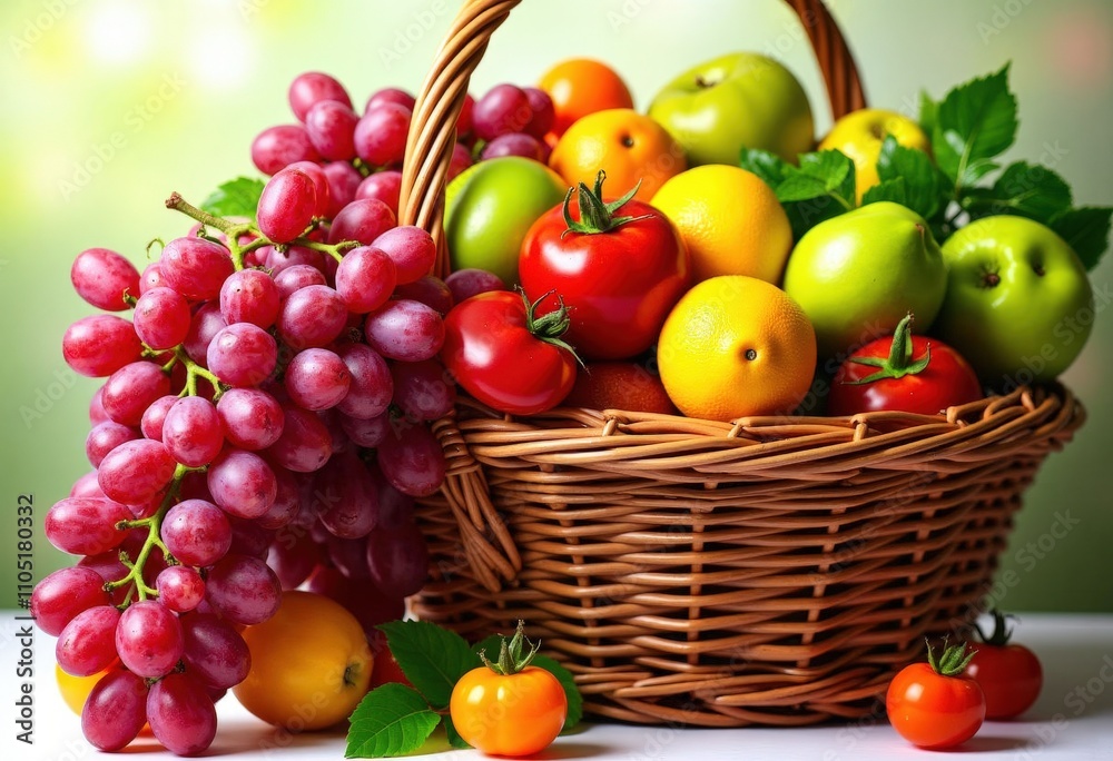 Wicker Basket Overflowing with Fresh Fruit and Grapes. Wicker Basket Overflowing with Fresh Fruit and Grapes.