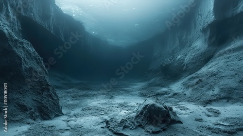 A serene underwater landscape showcasing deep ocean canyons and ethereal light filtering through water.