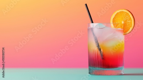 A vibrant cocktail with a gradient of colors, garnished with an orange slice, set against a colorful background.