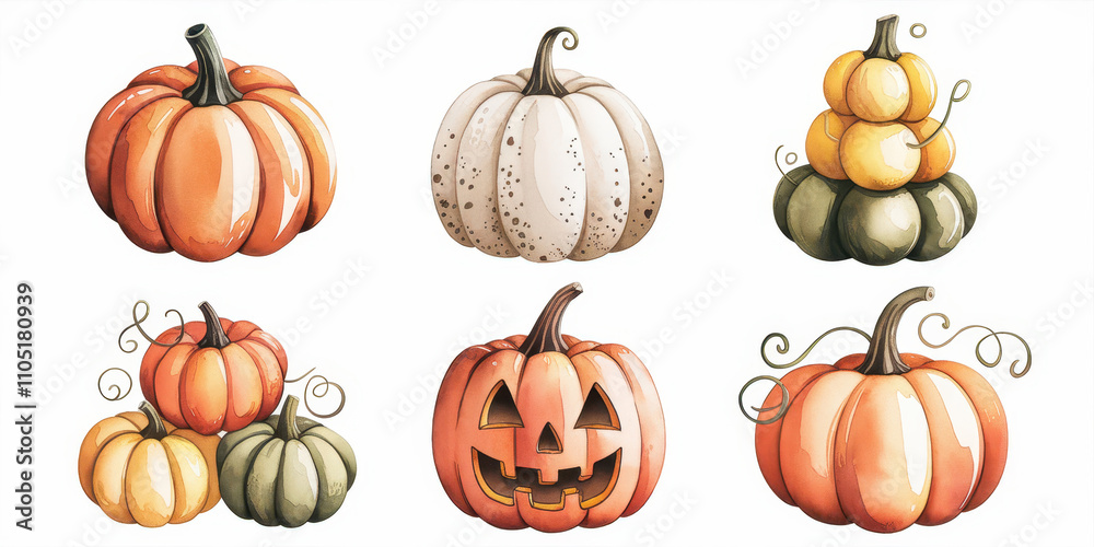 Watercolor Pumpkins Fall Harvest: A collection of six charming watercolor pumpkins, perfect for autumn crafts and decorations. The set features a variety of colors and styles. Watercolor Pumpkins Fall Harvest: A collection of six charming watercolor pumpkins, perfect for autumn crafts and decorations. The set features a variety of colors and styles.