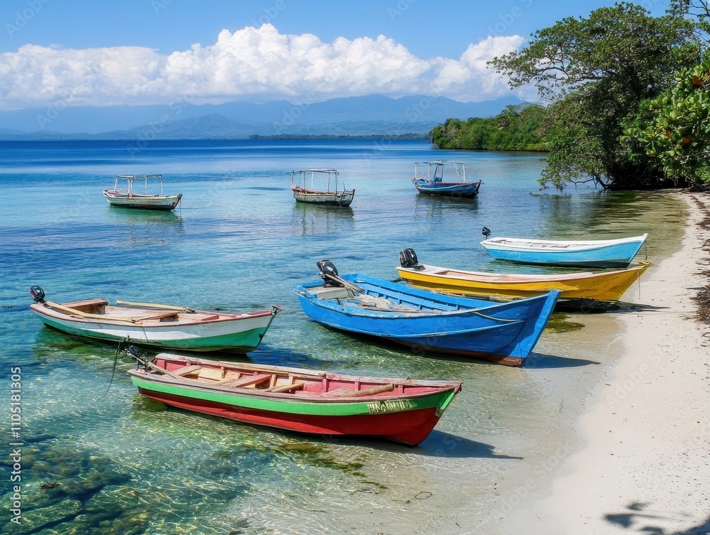 Naklejka premium Tranquil Caribbean Seascape: Colorful Fishing Boats Anchored on a Pristine Beach
