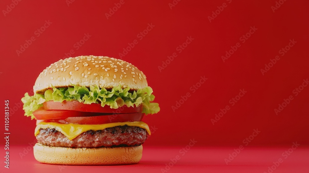 A delicious cheeseburger featuring lettuce, tomato, and cheese, set against a vibrant red background.
