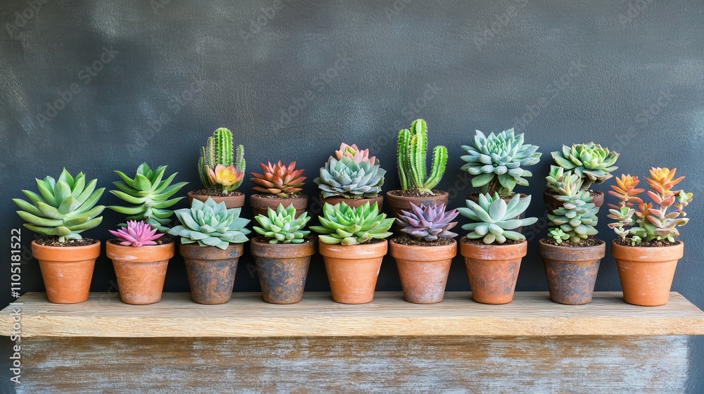 Succulent pots create a peaceful scene on a minimalist shelf, fronted by a textured concrete wall with subtle lighting.