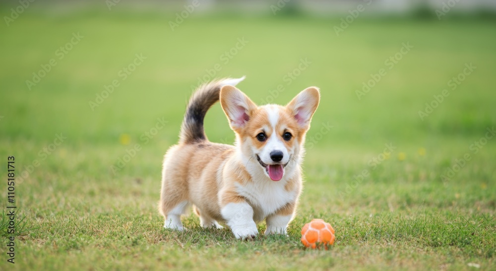 Playful corgi puppy with orange ball on green grass lawn Playful corgi puppy with orange ball on green grass lawn